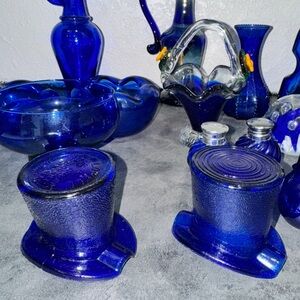 Cobalt Blue Pair Glass Hat Decor Mini Ashtrays Collection Only!
